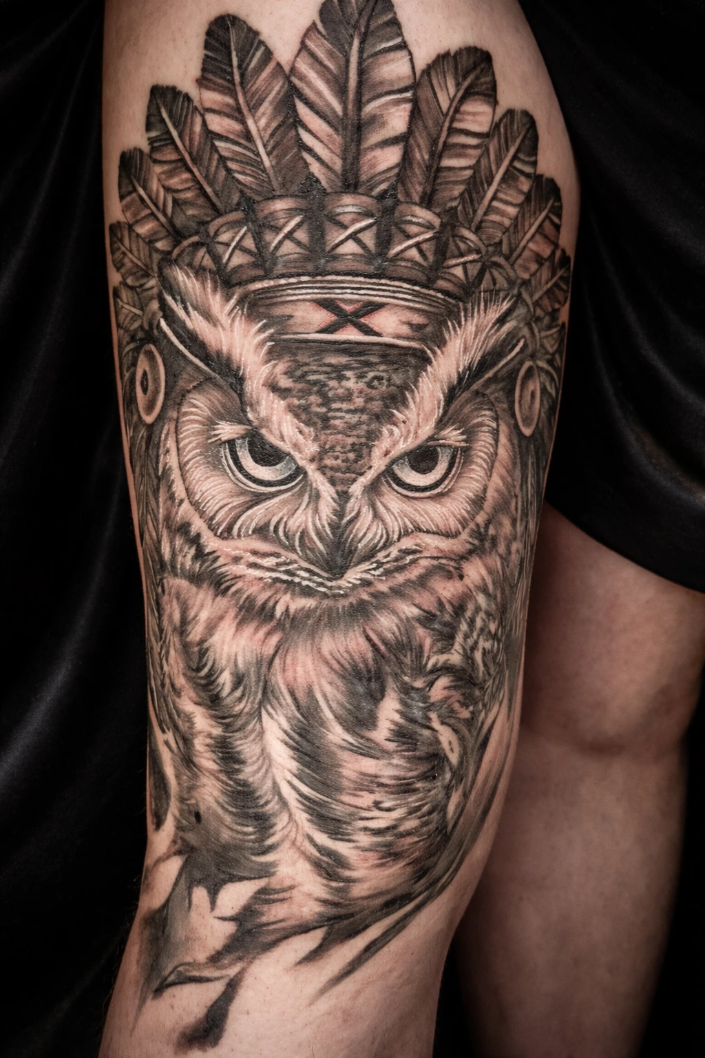 Owl with headdress tattoo