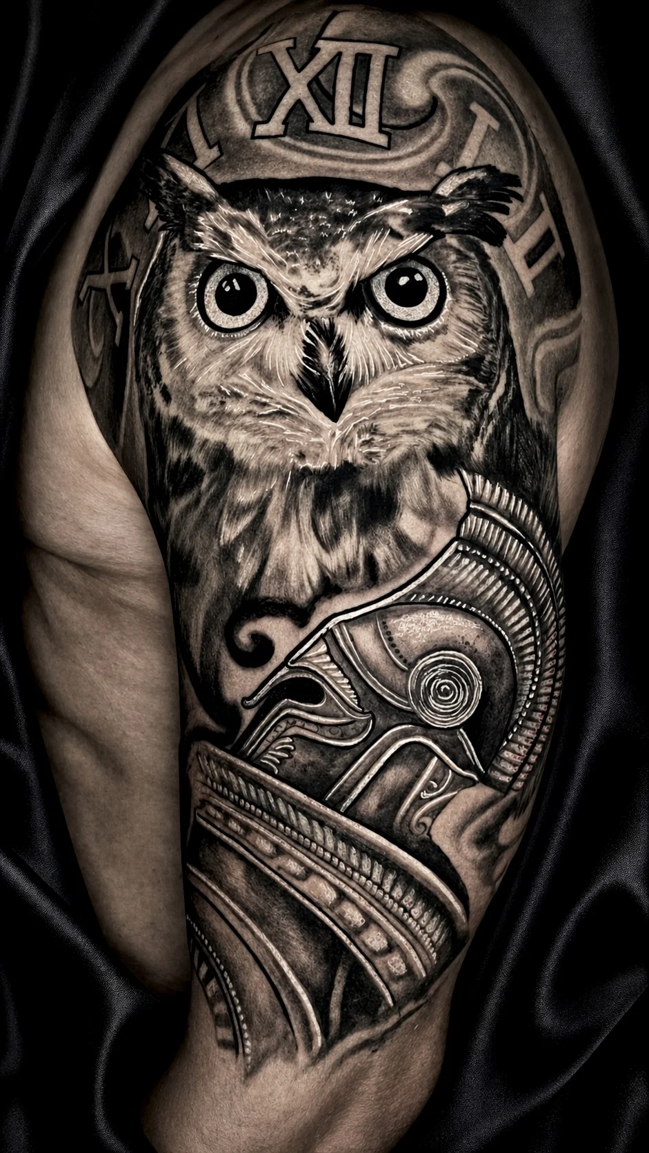Owl with clock tattoo