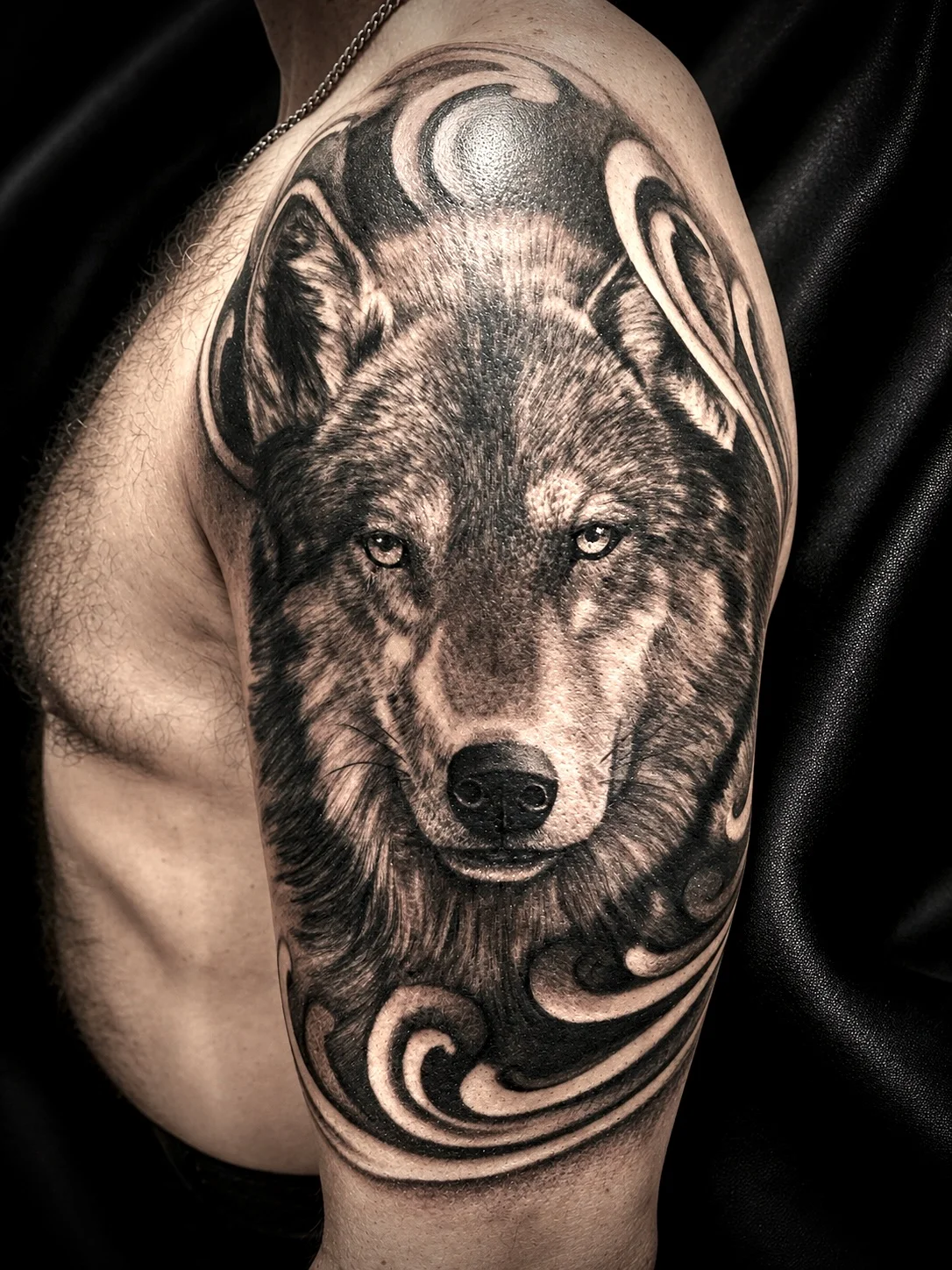 Realistic wolf with moon tattoo
